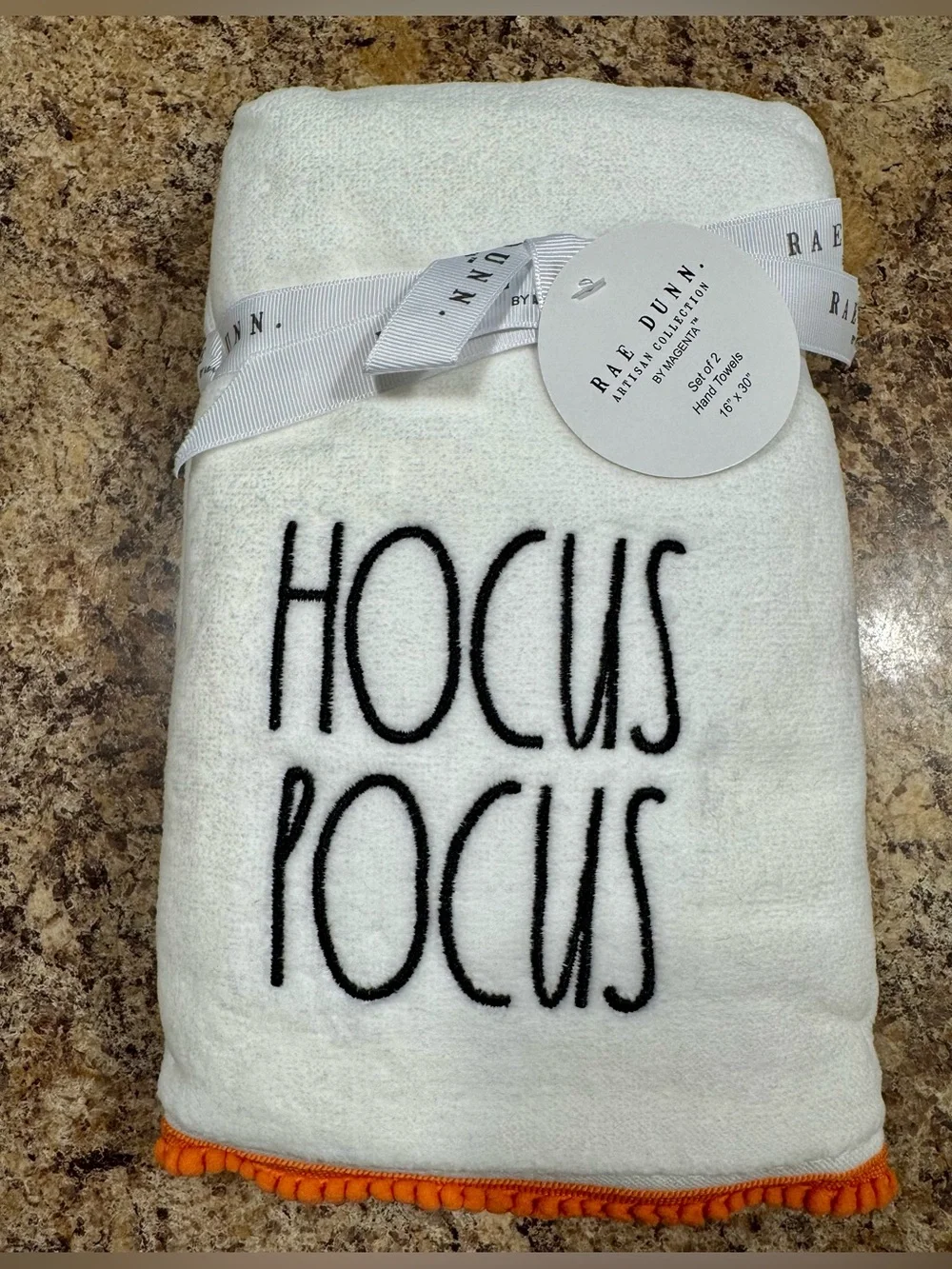 Rae Dunn Hocus Pocus White Hand Towel with Orange Trim Set of 2 NEW